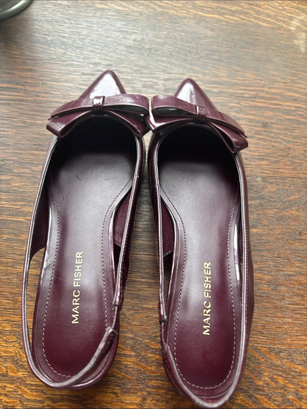 Marc Fisher Patent Slingback Flats in Burgundy with Bow Accent like new